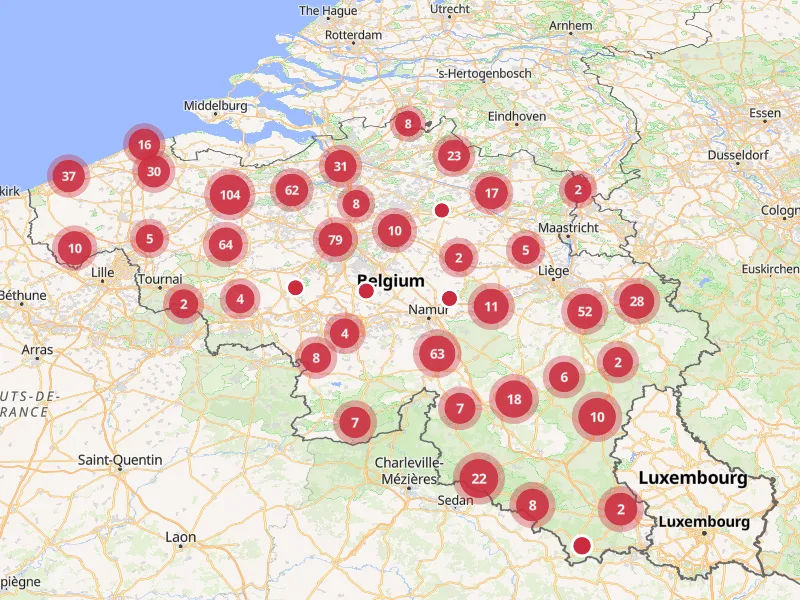 Carte de Belgique avec le nombre de cartes postales par lieu