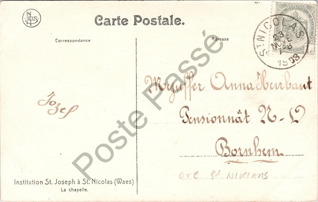 Sint-Niklaas - "Institution St. Joseph à St. Nicolas (Waes) La chapelle." – achterzijde van de originele postkaart