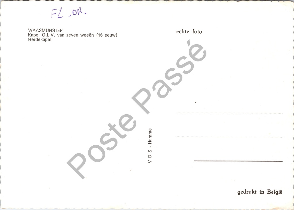 Waasmunster - "Kapel O.L.V. van zeven weeën (16 eeuw) Heidekapel" - 16e-eeuwse – achterzijde van de originele postkaart