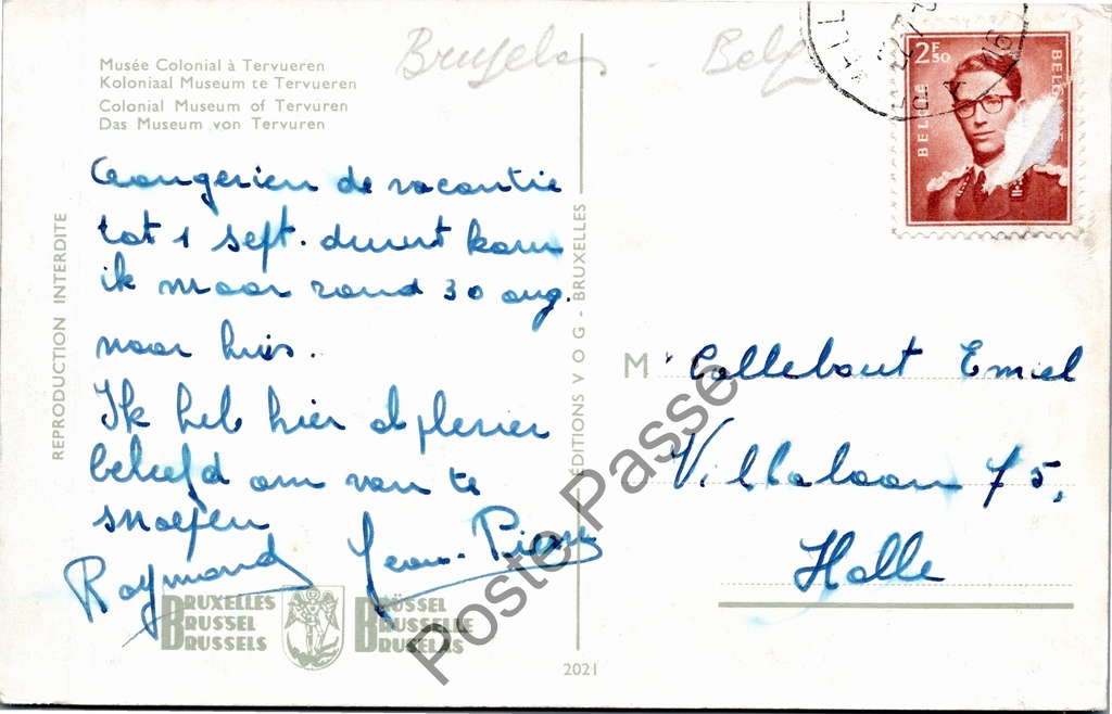Tervuren - "Musée Colonial" - Koloniaal Museum (nu Afrika Museum) – achterzijde van de originele postkaart