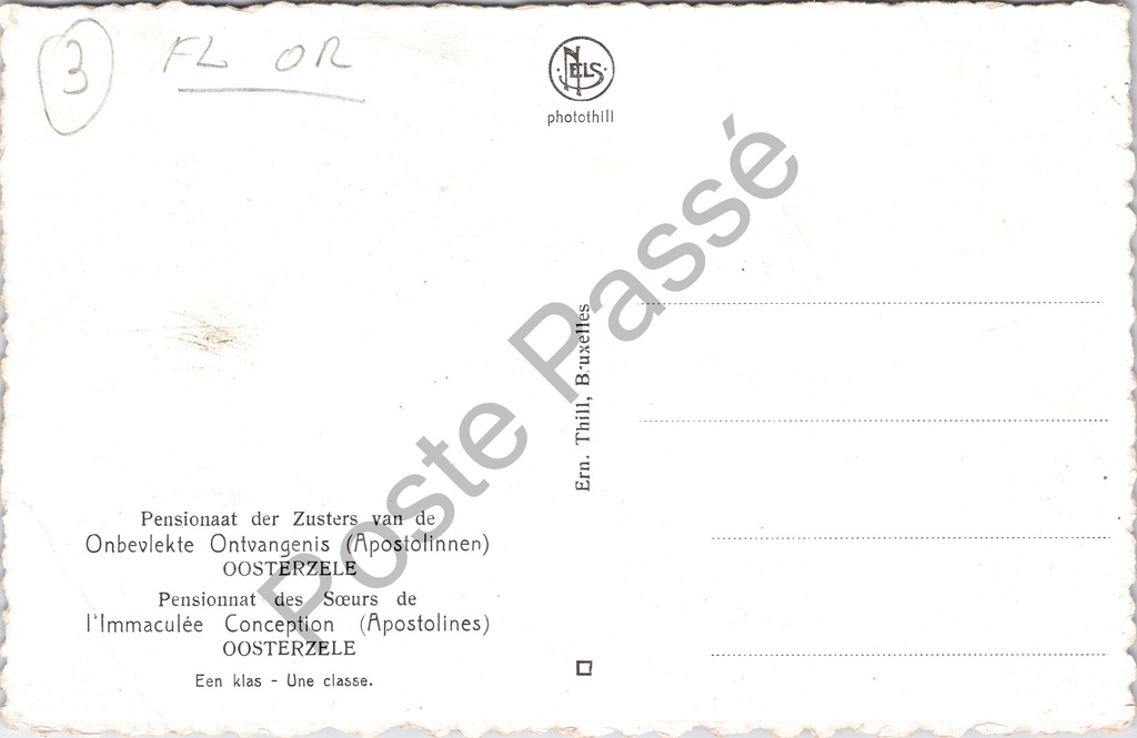 Oosterzele - "Een klas - Une classe" - Klaslokaal van het Pensionaat der Zusters – achterzijde van de originele postkaart