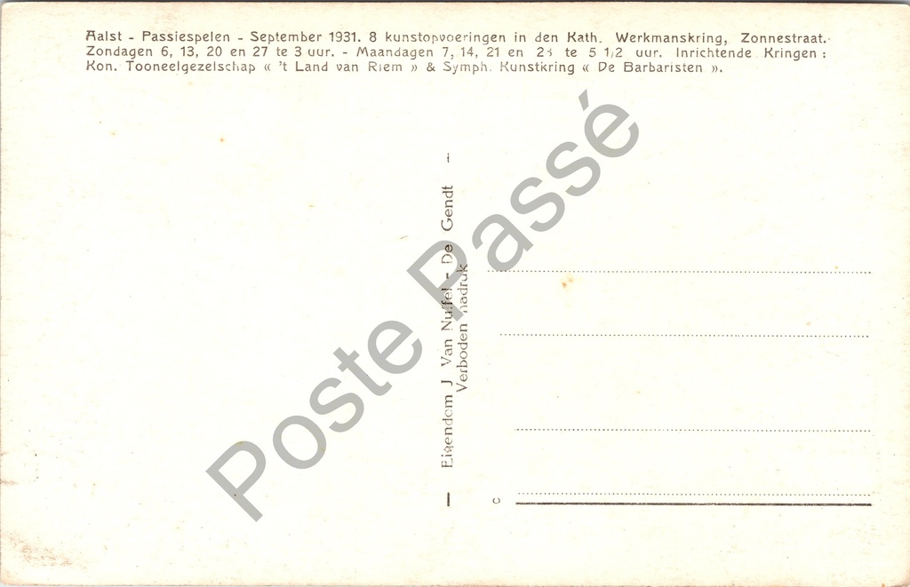 Aalst - "Maria Magdalena" - Passiespelen 1931, Mej. Lucie De Moor als Maria – achterzijde van de originele postkaart