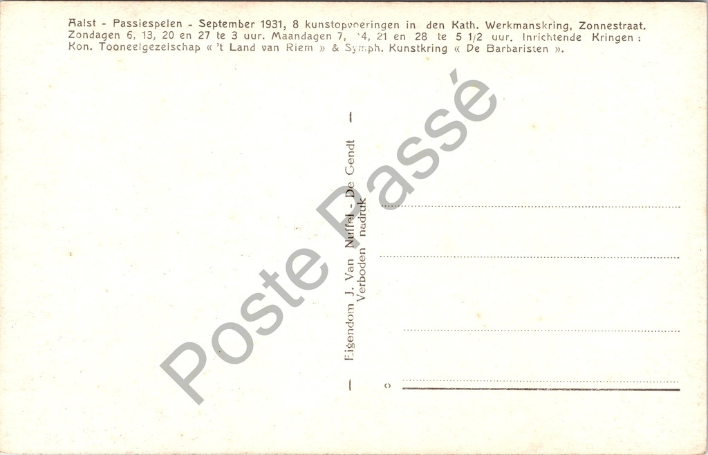 Aalst - "JOANNES" - Passiespelen 1931, Hr. Ben Callebaut als Johannes – achterzijde van de originele postkaart