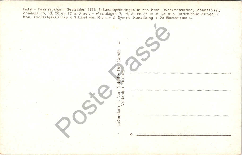 Aalst - "JUDAS - Hr. Em. Van Lierde" - Passiespelen 1931, acteur in de rol van Judas – achterzijde van de originele postkaart