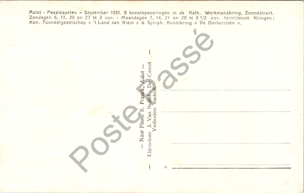 Aalst - "Passiespelen" - Passiespelen september 1931, scène Maria ontmoet Jezus – achterzijde van de originele postkaart