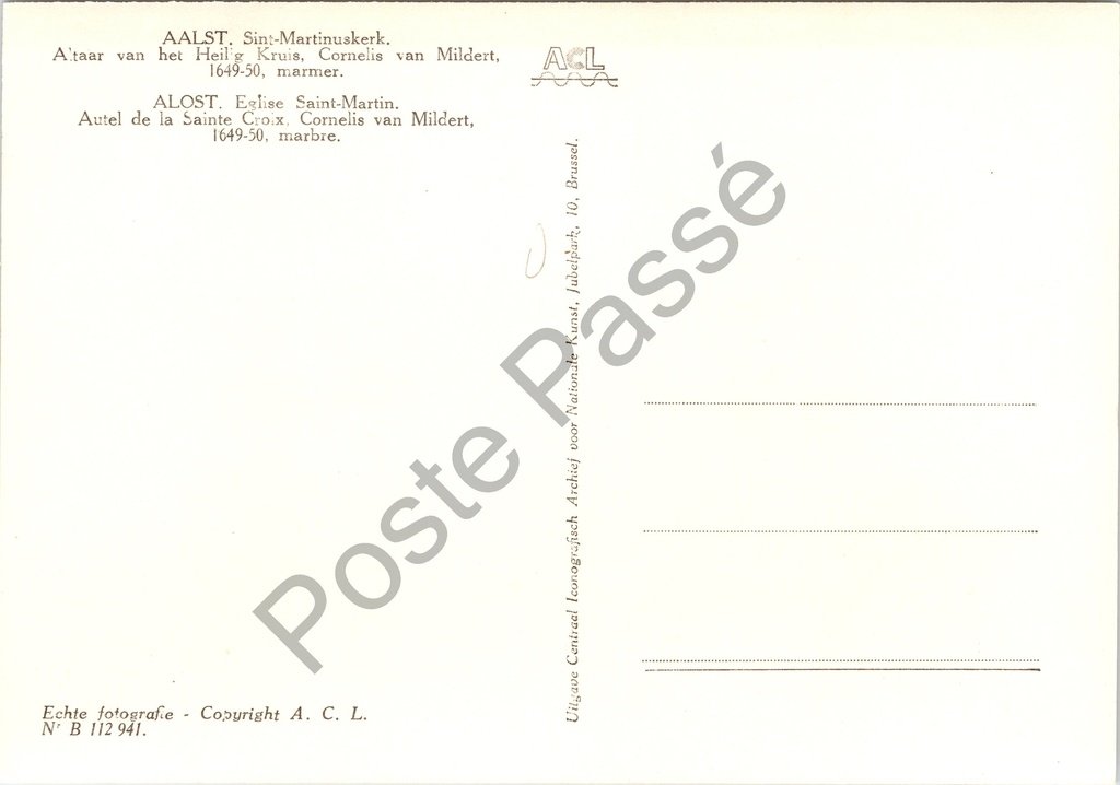 Aalst - "Sint-Martinuskerk" - Altaar van het Heilig Kruis door Cornelis van Mildert – achterzijde van de originele postkaart