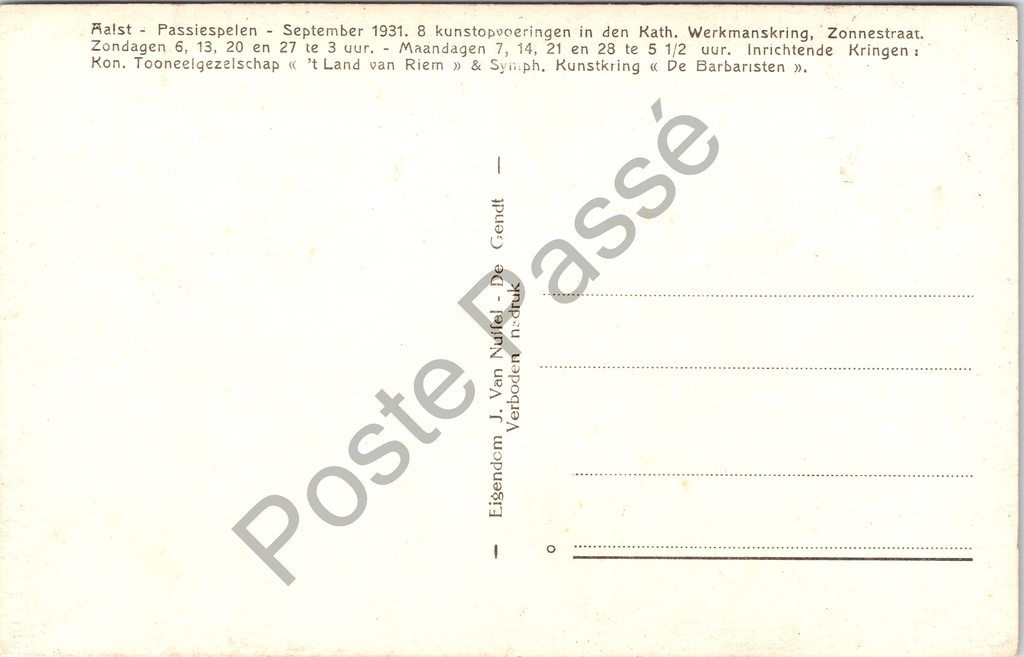 Aalst - "HERODES" - Passiespelen 1931, Hr. Rich. Van de Steen als Herodes – achterzijde van de originele postkaart