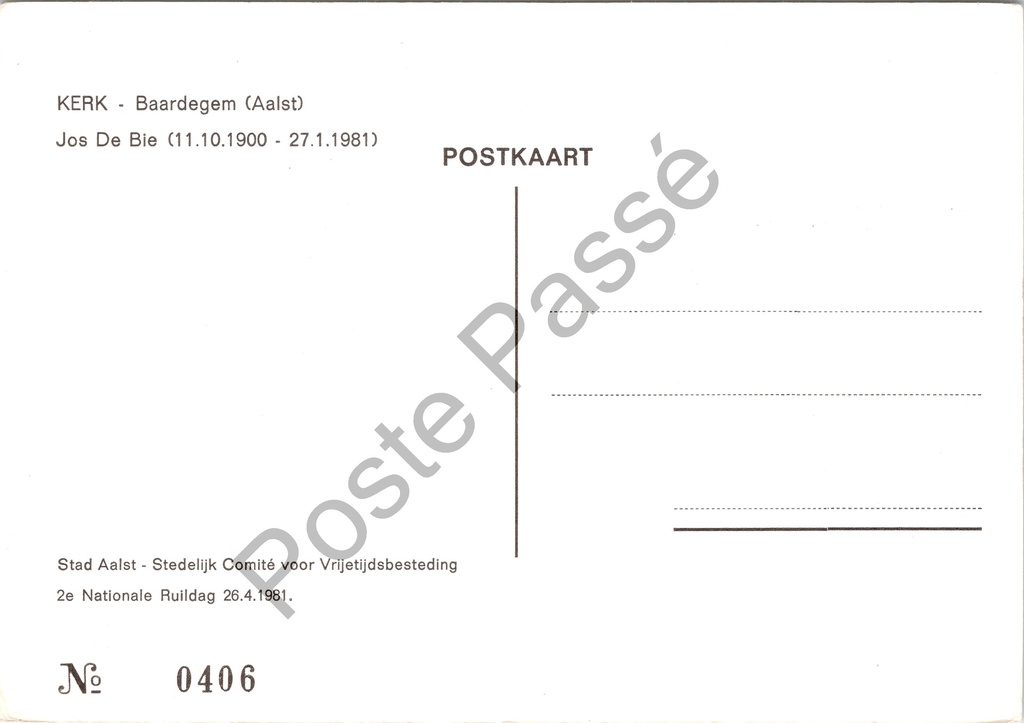 Aalst - "KERK - Baardegem" - Kerk van Baardegem, pentekening door Jos De Bie – achterzijde van de originele postkaart