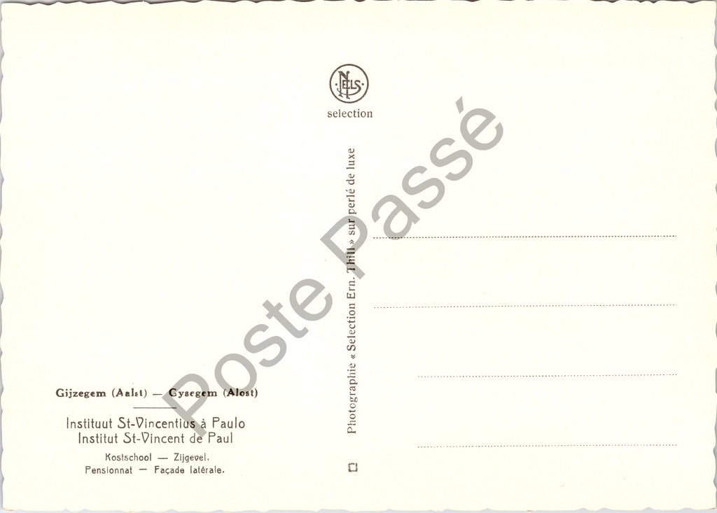 Aalst - "Kostschool — Zijgevel" - Instituut St-Vincentius à Paulo, zijgevel – achterzijde van de originele postkaart