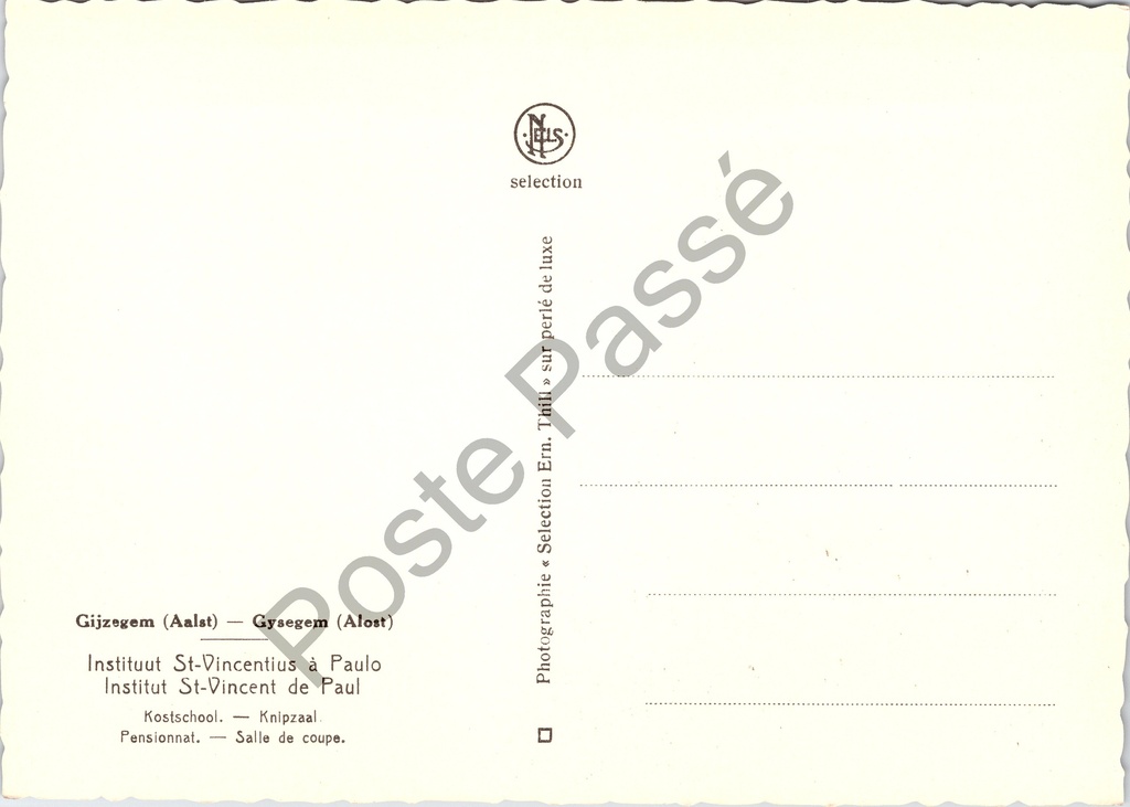 Aalst - "Kostschool. — Knipzaal." - Institut St-Vincent de Paul, knipzaal – achterzijde van de originele postkaart
