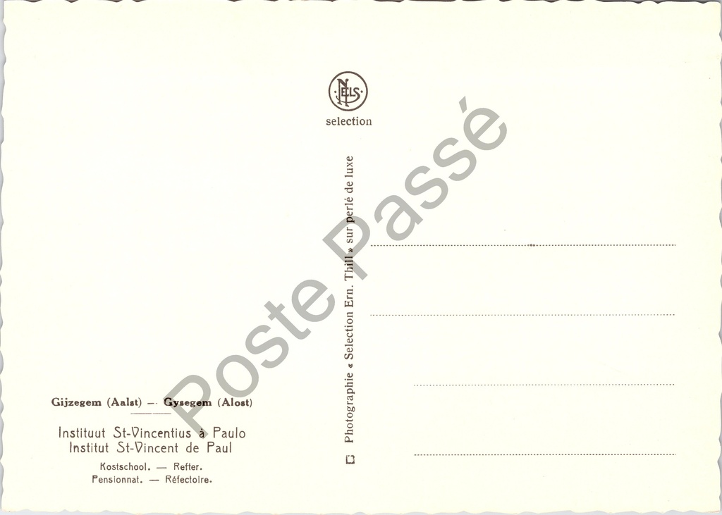 Aalst - "Kostschool. — Refter." - Eetzaal van het Instituut Sint-Vincentius à Paulo – achterzijde van de originele postkaart