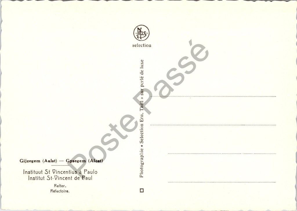 Aalst - "Refter / Réfectoire" - Eetzaal van het Instituut Sint-Vincentius à Paulo – achterzijde van de originele postkaart
