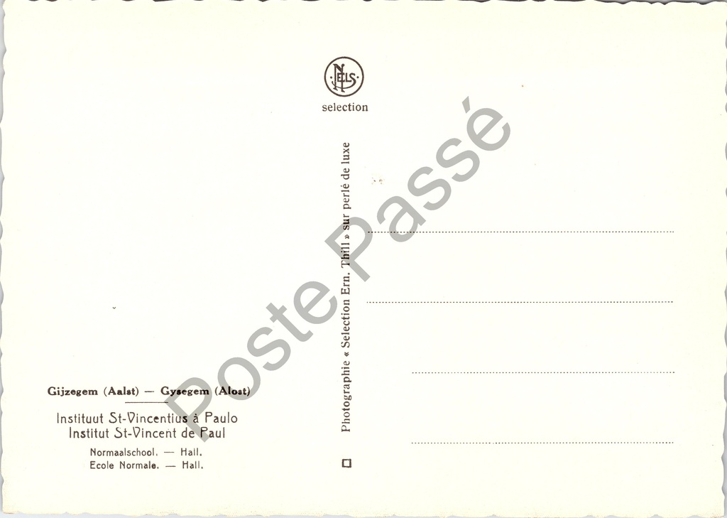 Aalst - "Normaalschool. — Hall." - Hal van het Instituut Sint-Vincentius à Paulo – achterzijde van de originele postkaart