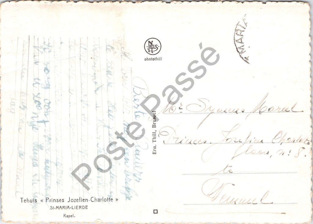 Lierde - "Tehuis Prinses Jozefien-Charlotte" - Kapel van het Tehuis Prinses – achterzijde van de originele postkaart