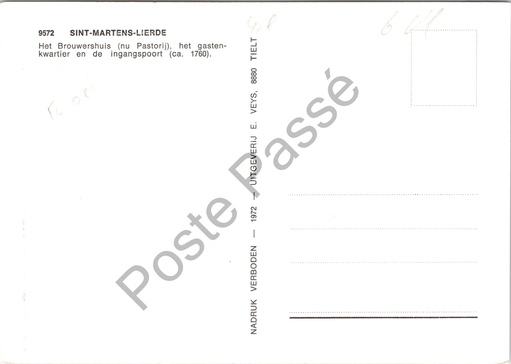 Lierde - "Het Brouwershuis (nu Pastorij), het gastenkwartier en de ingangspoort" – achterzijde van de originele postkaart