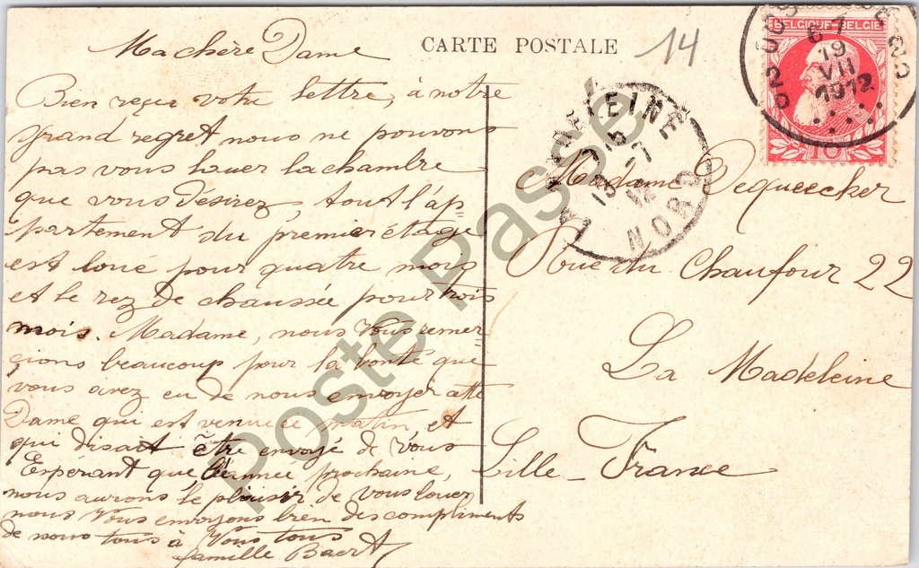Oostende - "Entrée des bains" - Ingang van de baden, zeedijk met wandelaars – achterzijde van de originele postkaart