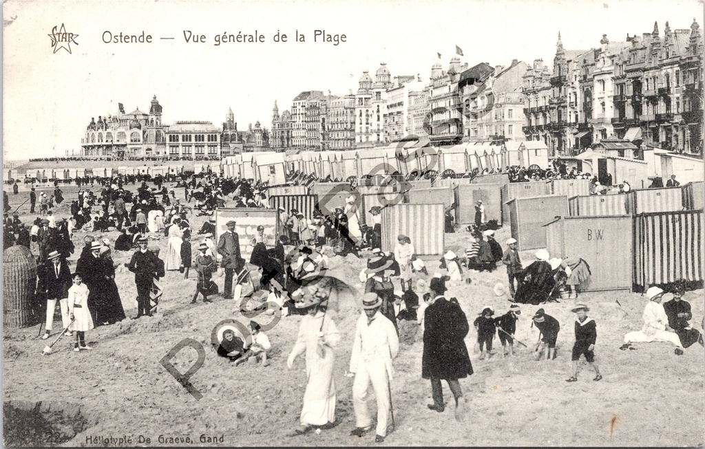 Oostende - "Vue générale de la Plage" - Algemeen zicht op het strand met badkarren – achterzijde van de originele postkaart