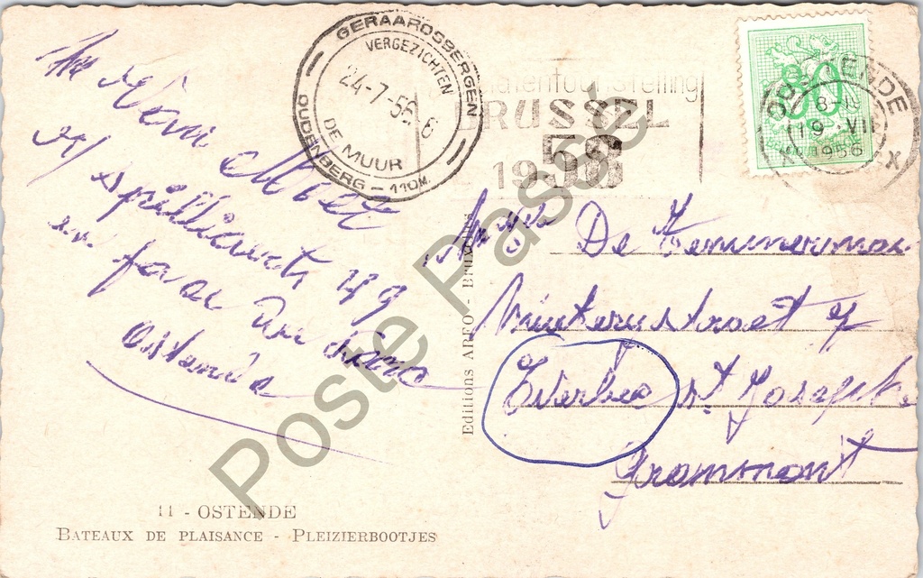 Oostende - "Bateaux de plaisance - Pleizierbootjes" - Plezierbootjes in de haven – achterzijde van de originele postkaart