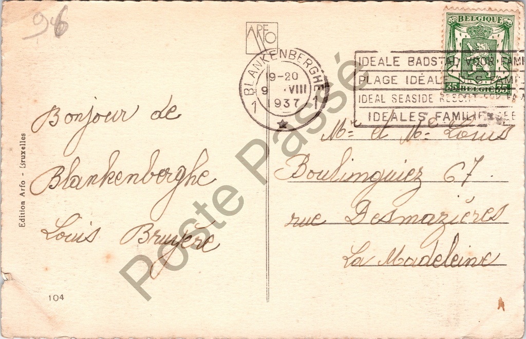 Blankenberge - "Blankenberghe — Le Casino" - Het casino en het strand – achterzijde van de originele postkaart