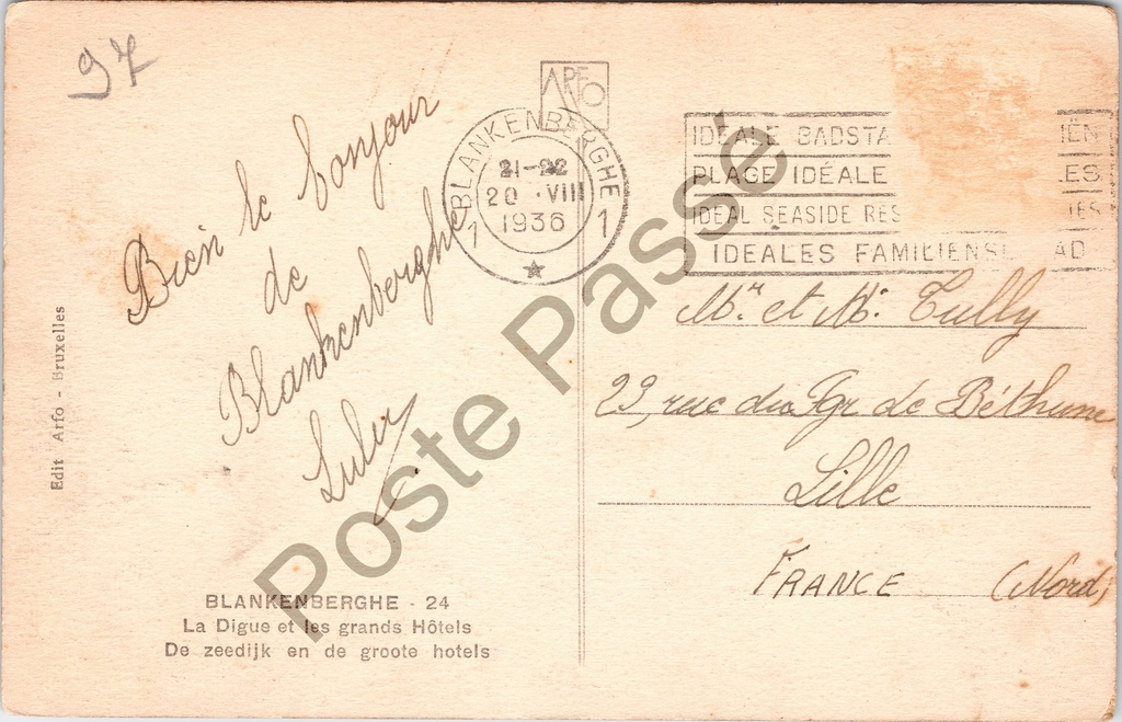 Blankenberge - "La Digue et les grands Hôtels" - Zeedijk met grote hotels – achterzijde van de originele postkaart