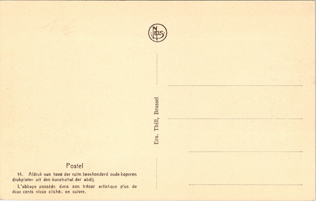 Mol - "Postel" - Religieuze gravures uit de kunstschat van de abdij van Postel – achterzijde van de originele postkaart