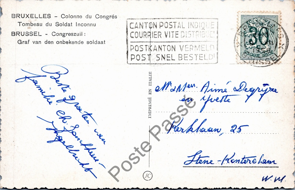 Brussel - "Colonne du Congrès Tombeau du Soldat Inconnu" - Congreszuil met Graf – achterzijde van de originele postkaart