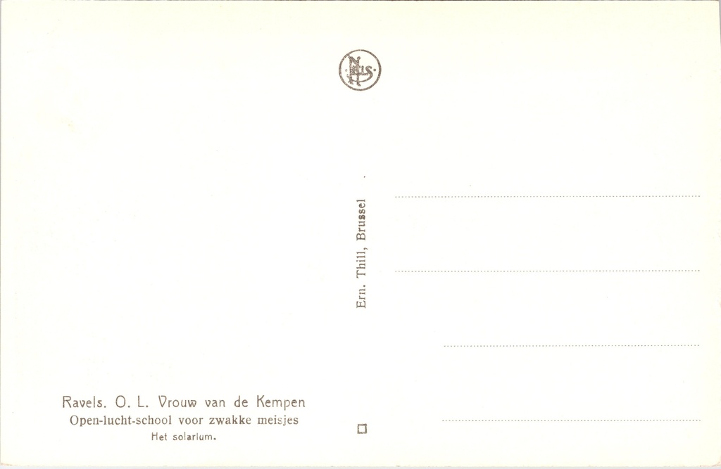 Ravels - "O.L. Vrouw van de Kempen" - Open-lucht-school voor zwakke meisjes – achterzijde van de originele postkaart