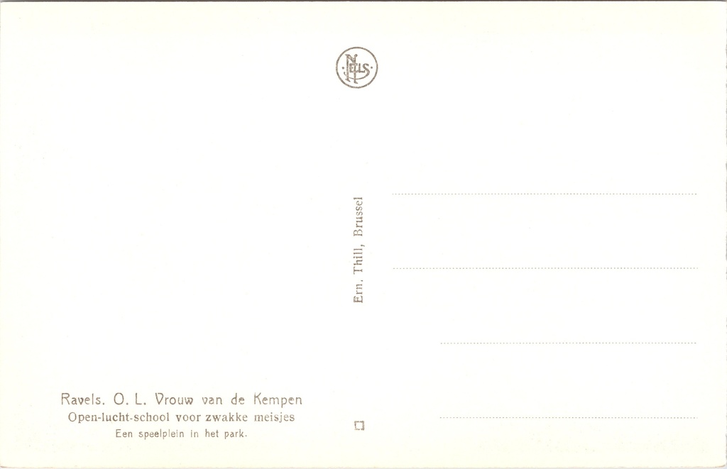 Ravels - "O.L. Vrouw van de Kempen" - Speelplein in het park van de openluchtschool – achterzijde van de originele postkaart