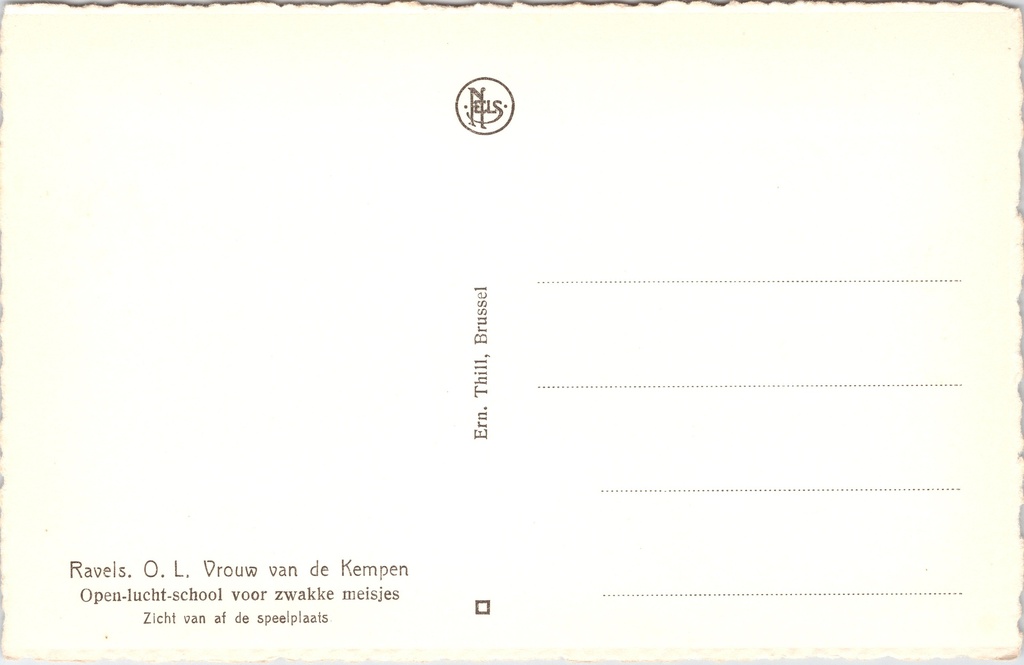 Ravels - "O.L. Vrouw van de Kempen" - Open-lucht-school voor zwakke meisjes, zicht – achterzijde van de originele postkaart