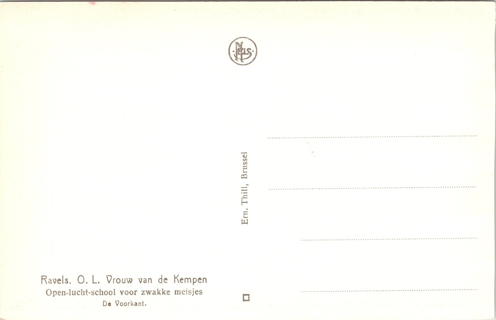 Ravels - "O.L. Vrouw van de Kempen" - Open-lucht-school voor zwakke meisjes – achterzijde van de originele postkaart