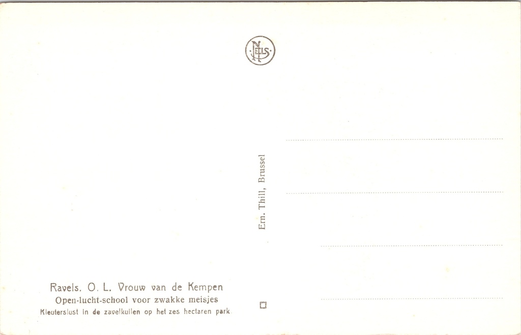 Ravels - "O.L. Vrouw van de Kempen" - Open-luchtschool voor meisjes, kinderen – achterzijde van de originele postkaart
