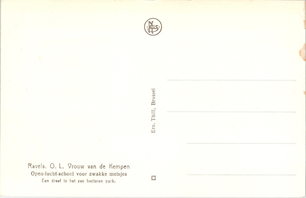 Ravels - "O. L. Vrouw van de Kempen" - Open-luchtschool voor meisjes, dreef – achterzijde van de originele postkaart