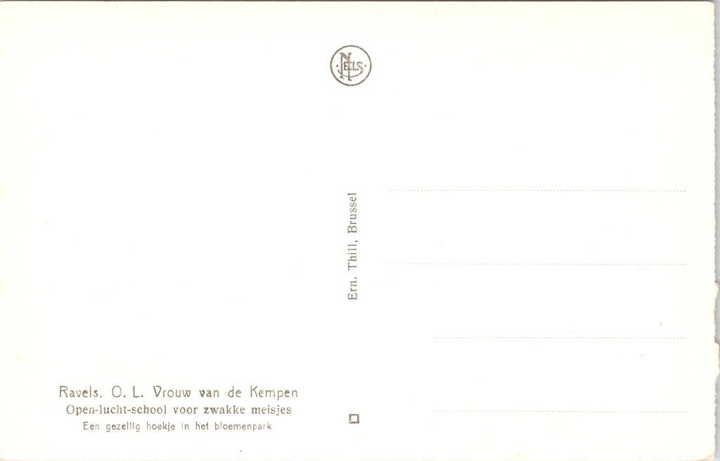 Ravels - "O.L. Vrouw van de Kempen" - Open-luchtschool voor zwakke meisjes – achterzijde van de originele postkaart