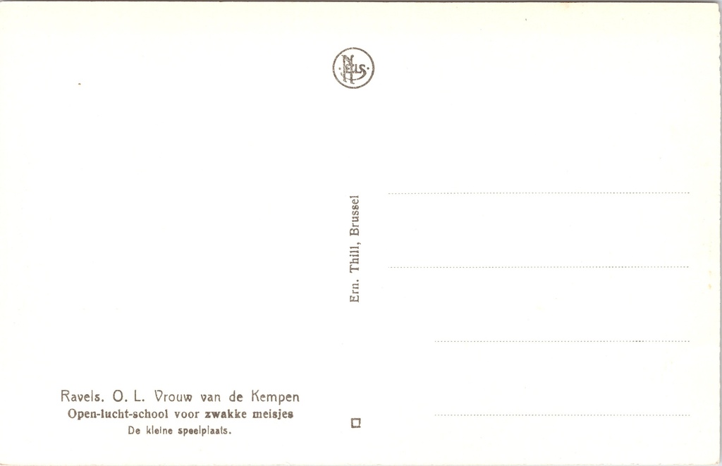 Ravels - "O.L. Vrouw van de Kempen" - Open-lucht-school voor meisjes, kleine – achterzijde van de originele postkaart