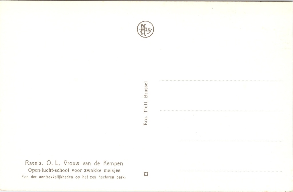 Ravels - "O.L. Vrouw van de Kempen" - Open-lucht-school voor zwakke meisjes – achterzijde van de originele postkaart