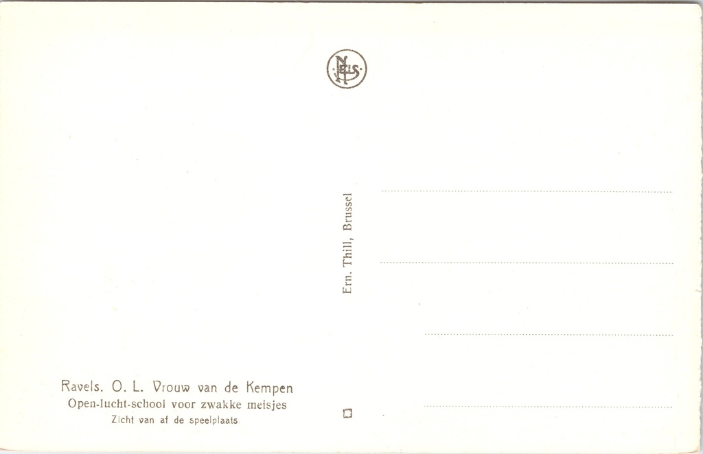 Ravels - "O.L. Vrouw van de Kempen" - Open-luchtschool voor zwakke meisjes, zicht – achterzijde van de originele postkaart