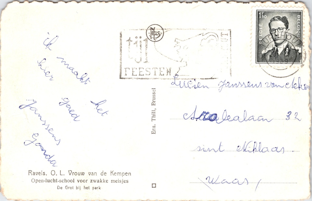 Ravels - "O.L. Vrouw van de Kempen" - De Grot bij het park, open-luchtschool – achterzijde van de originele postkaart