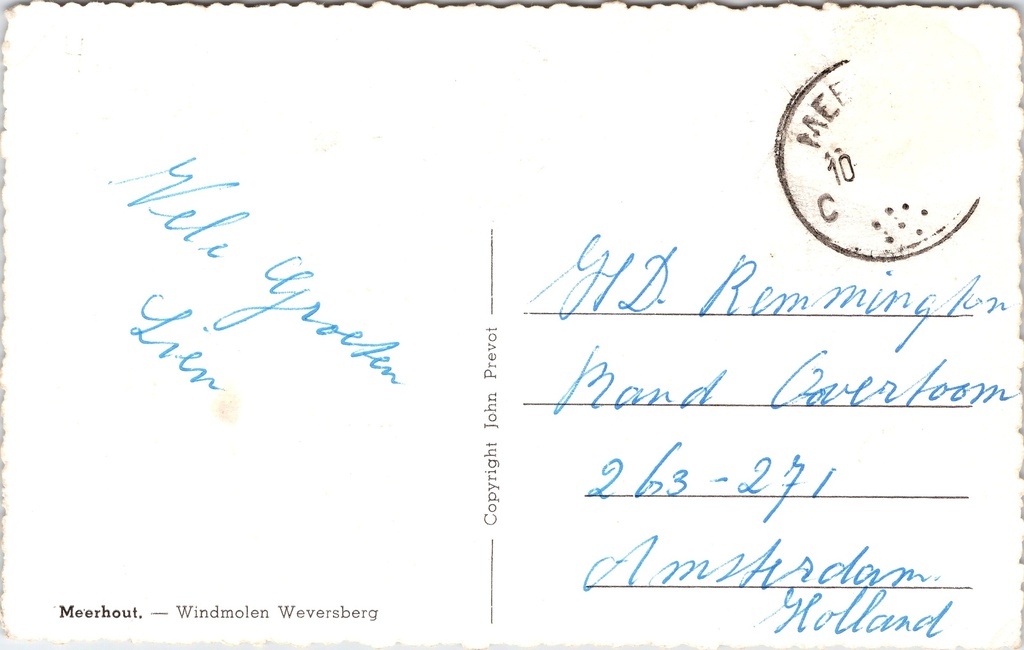 Meerhout - "Windmolen Weversberg" - Houten stellingmolen op de Weversberg – achterzijde van de originele postkaart