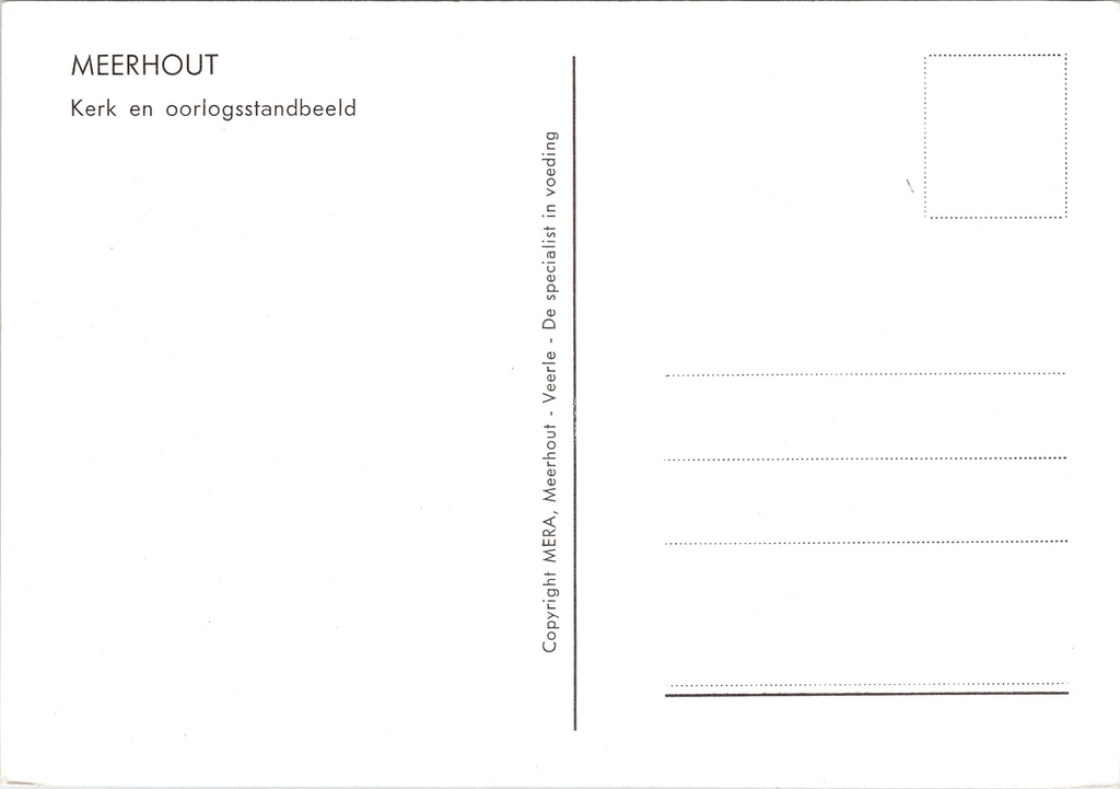 Meerhout - "Kerk en oorlogsstandbeeld" - Kerk met oorlogsmonument op het dorpsplein – achterzijde van de originele postkaart