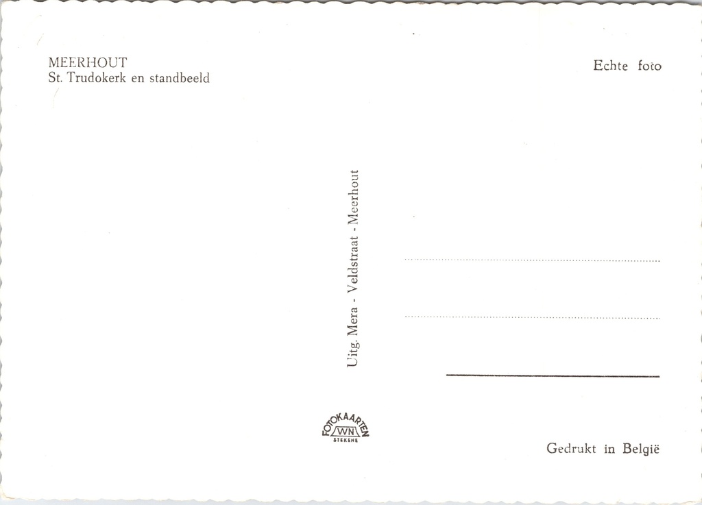 Meerhout - "St. Trudokerk en standbeeld" - Sint-Trudokerk met standbeeld – achterzijde van de originele postkaart