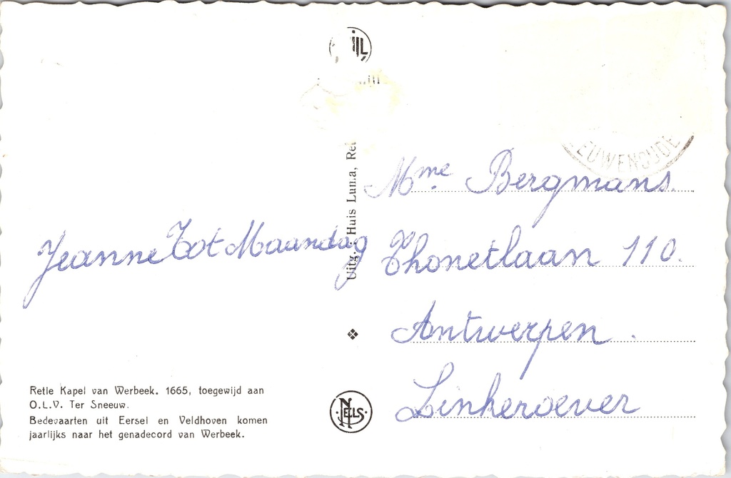 Retie - "Retle Kapel van Werbeek. 1665" - Kapel van Onze-Lieve-Vrouw Ter Sneeuw – achterzijde van de originele postkaart