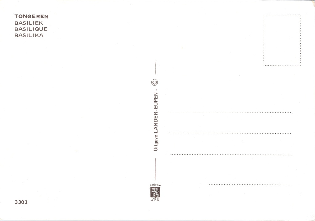 Tongeren - "BASILIEK" - Onze-Lieve-Vrouwebasiliek met standbeeld Ambiorix – achterzijde van de originele postkaart