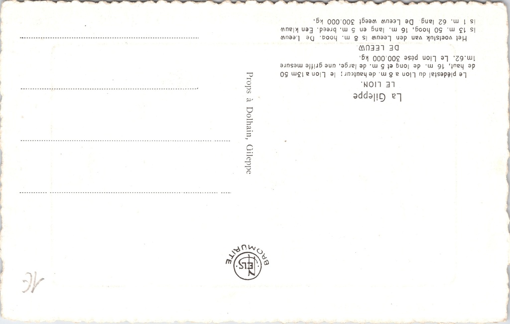 Jalhay - "La Gileppe - Le Lion. / De Leeuw." - Leeuwenstandbeeld aan het stuwmeer – achterzijde van de originele postkaart