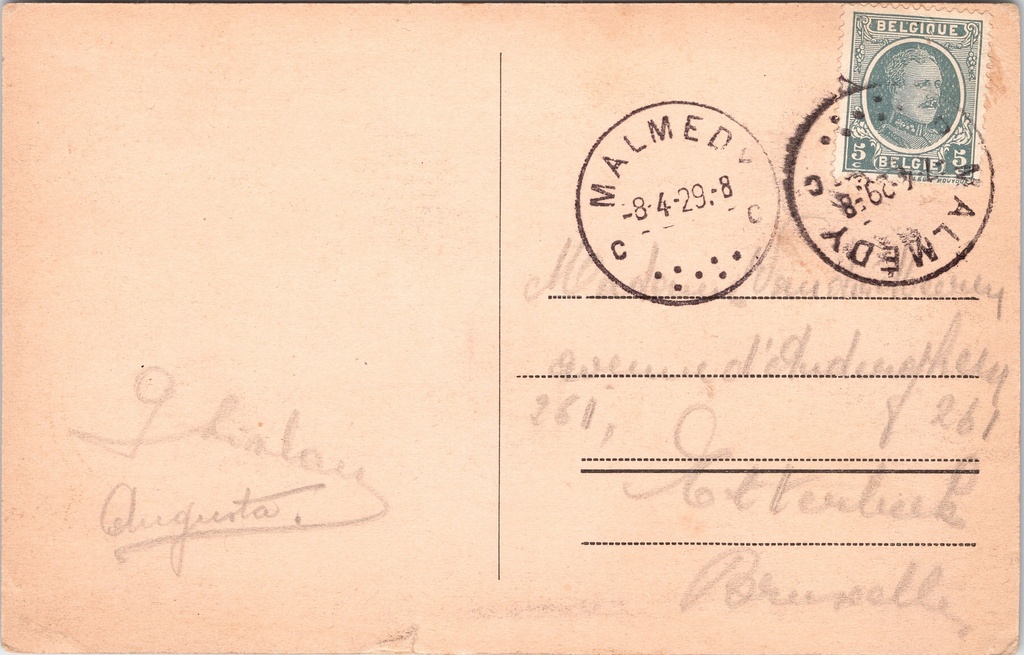 Malmedy - "Vue Générale" - Algemeen panoramisch stadsgezicht met kerk – achterzijde van de originele postkaart