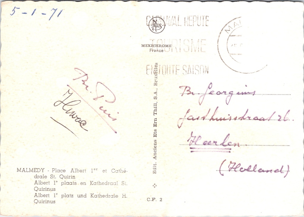 Malmedy - "Place Albert 1er et Cathédrale St. Quirin" - Albertplein – achterzijde van de originele postkaart