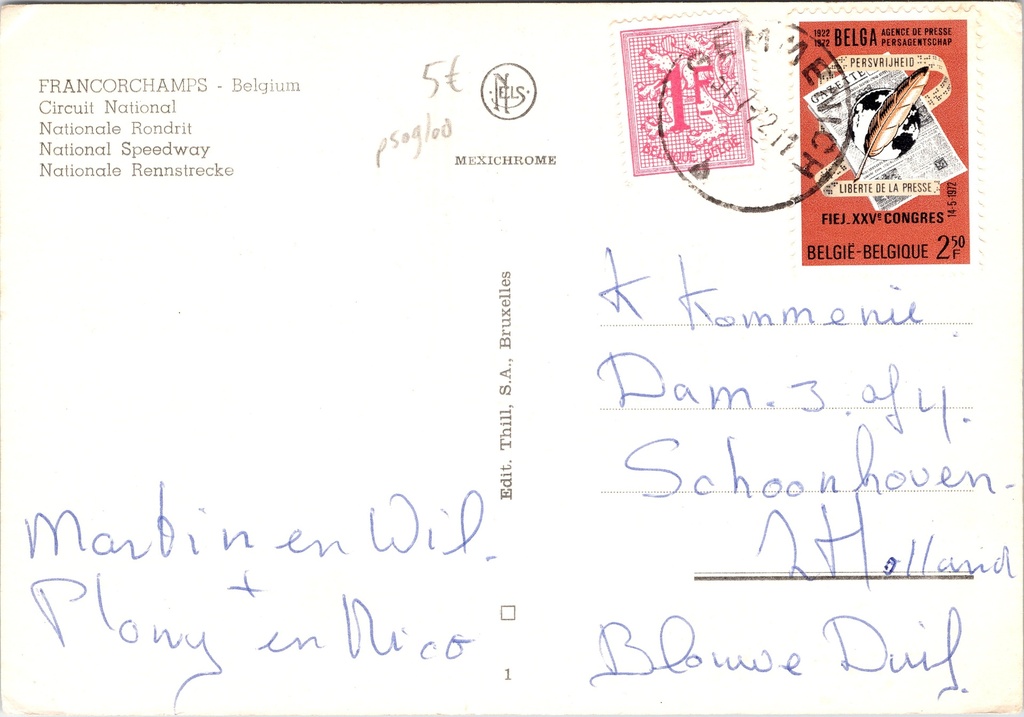 Spa - "Souvenir de Francorchamps" - Vijf luchtfoto's van het Circuit – achterzijde van de originele postkaart