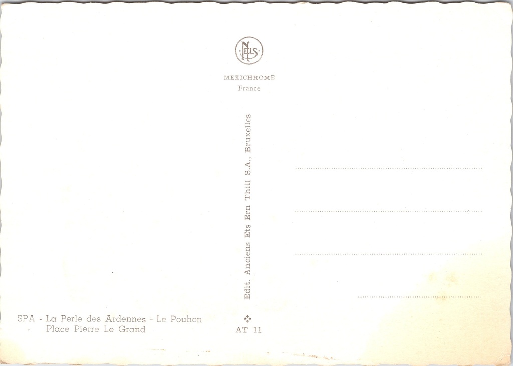Spa - "Le Pouhon Place Pierre Le Grand" - Pouhon Pierre Le Grand met de Société – achterzijde van de originele postkaart