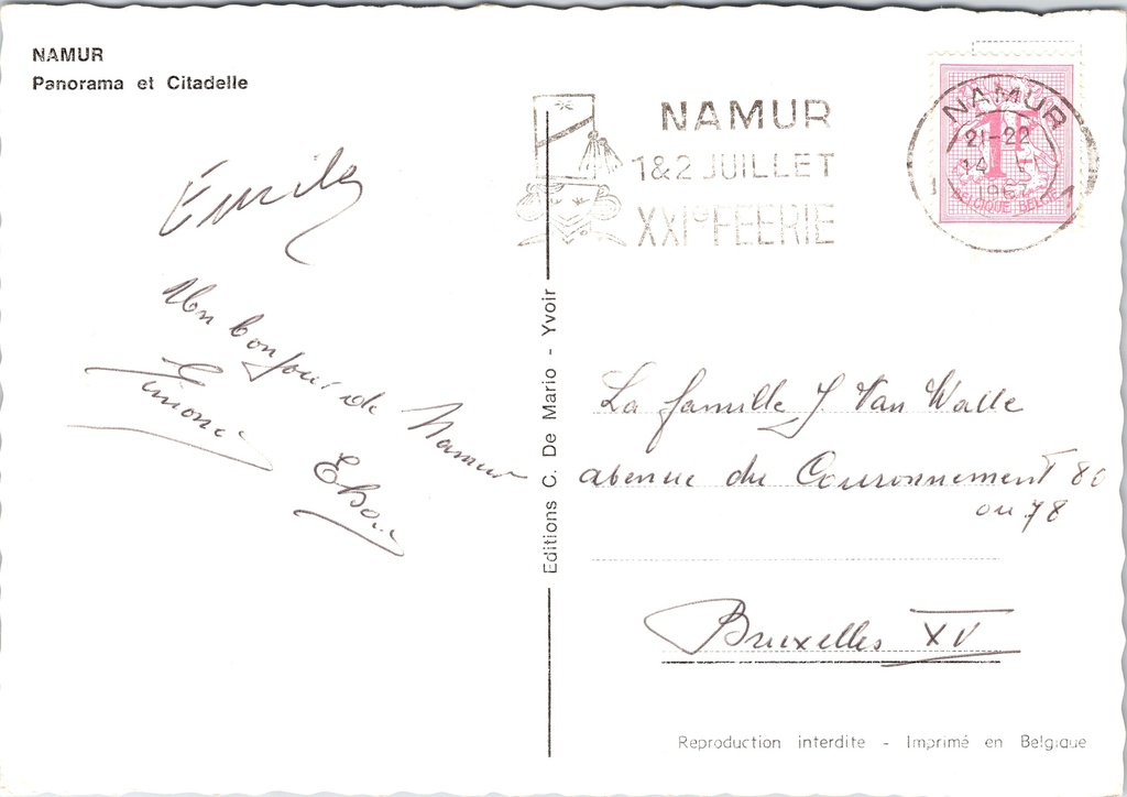 Namur - "Panorama et Citadelle" - Panorama en Citadel van Namen – achterzijde van de originele postkaart
