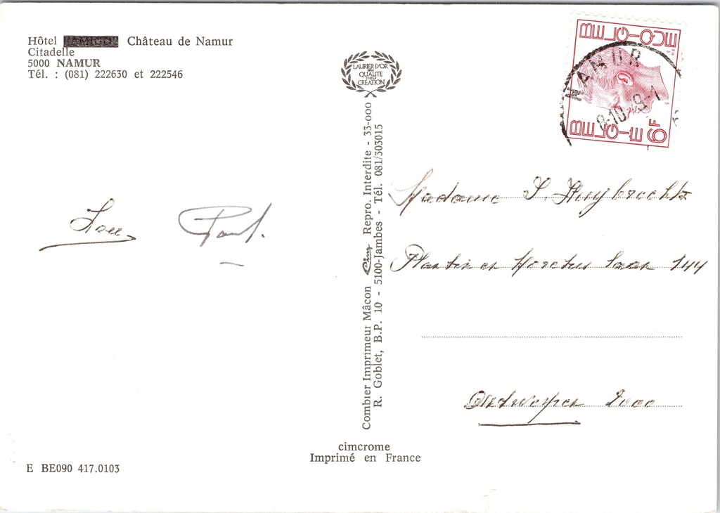 Namur - "Château de Namur" - Hotel Château de Namur op de Citadel – achterzijde van de originele postkaart