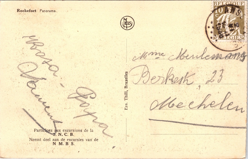 Rochefort - "Panorama" - Stadsgezicht met kerktorens en vallei – achterzijde van de originele postkaart